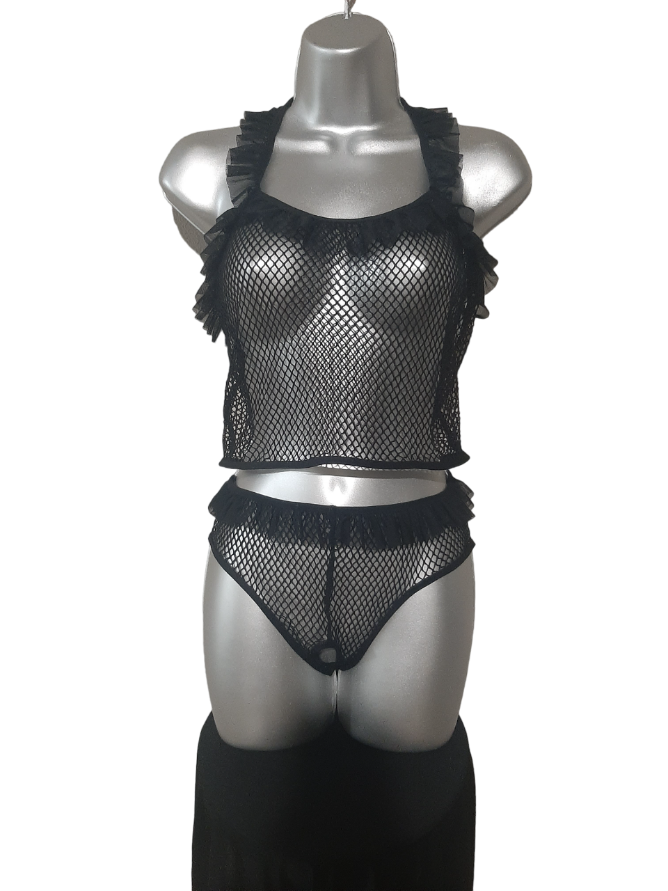 Sexy Fishnet Outfit with Chiffon & Crotchless Panty - ONE SIZE